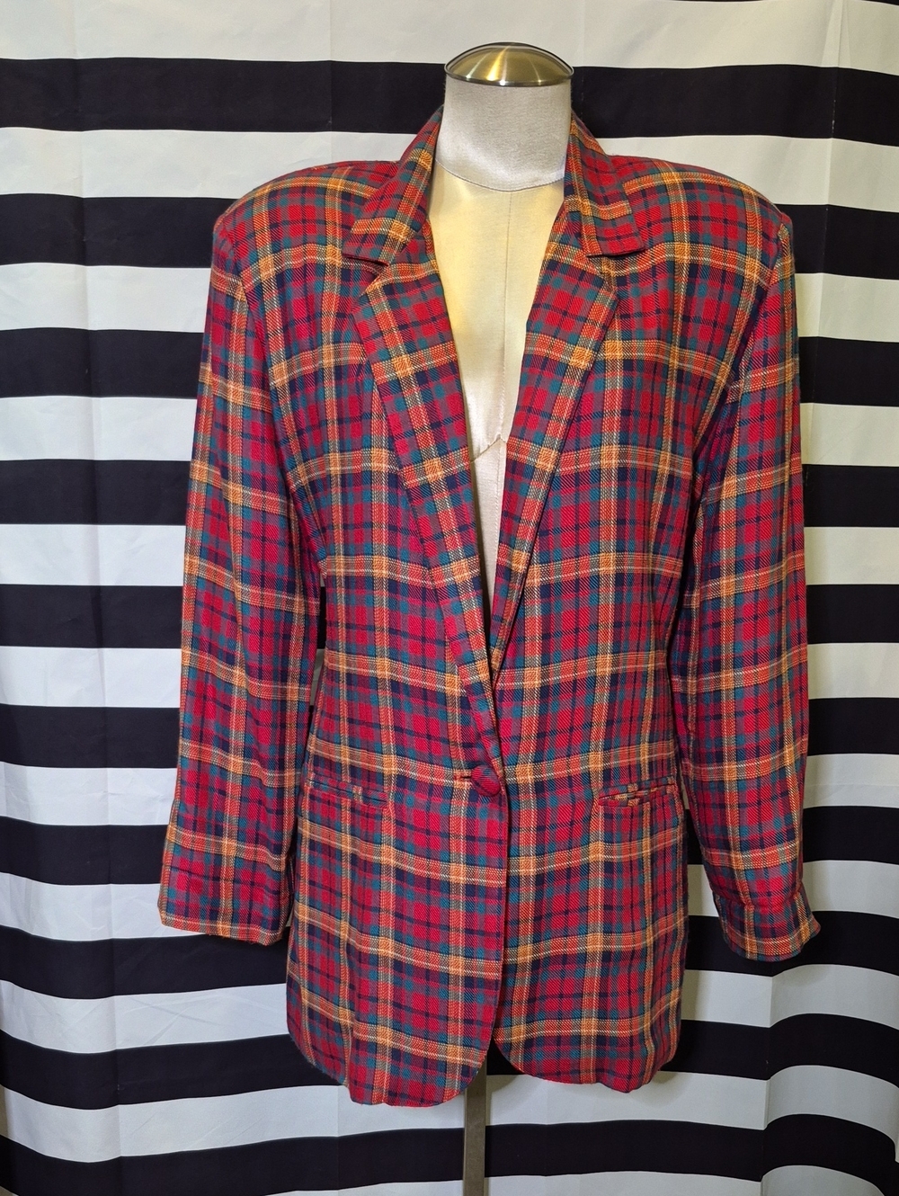 Vintage Oversized Red Plaid Single-Button Blazer Jacket
